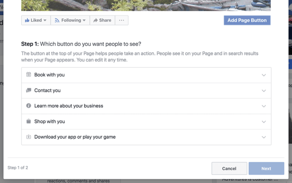 Krok 1 k vytvoření tlačítka výzvy k akci na vaší obchodní stránce na Facebooku.