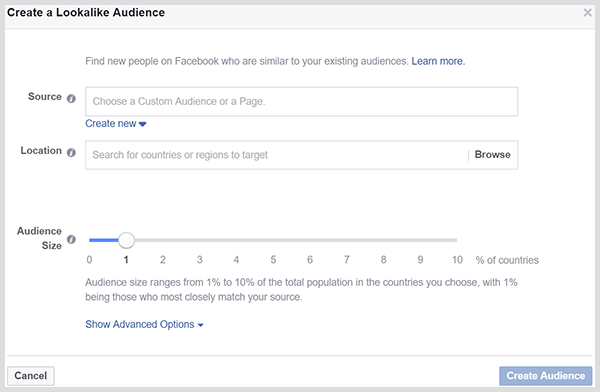 facebookové dialogové okno pro vytvoření podobného publika 