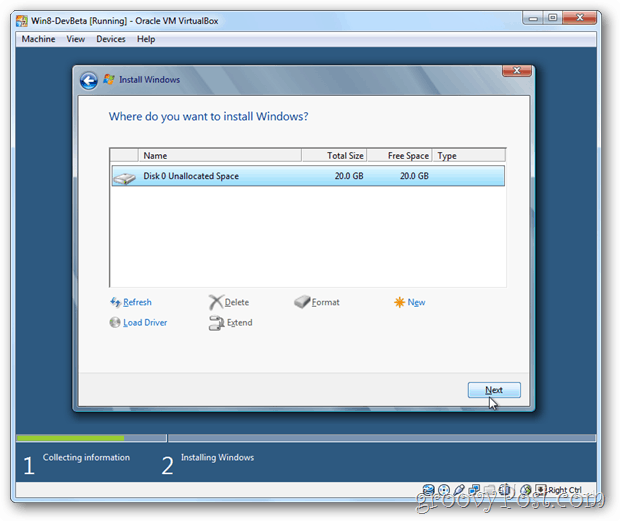VirtualBox Windows 8 vyberte disk pro instalaci