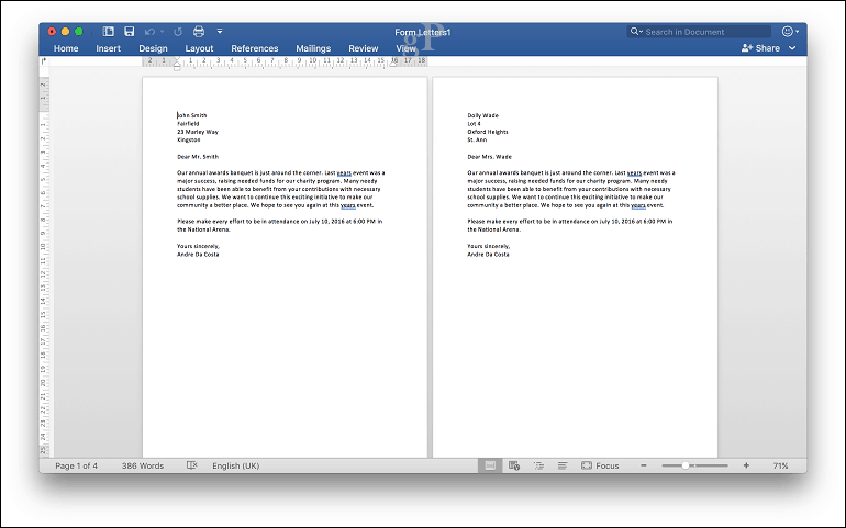 Microsoft Word pro hromadnou korespondenci v Macu - náhled tisku