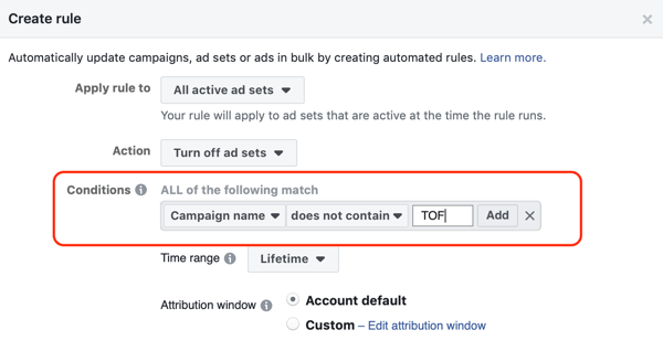 Používejte automatická pravidla Facebooku, zastavte nastavení reklam, když ROAS klesne pod minimum, krok 2, stanovte podmínky
