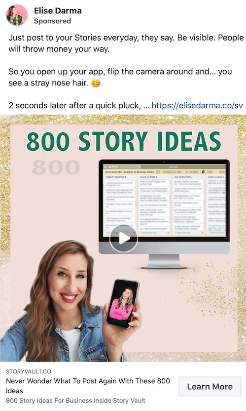 ukázka obrazovky sponzorovaného příspěvku od Elise Darma propagující 800 nápadů na příběhy