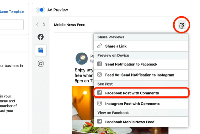 Možnost Facebook Post With Comments na úrovni reklamy ve službě Facebook Ads Manager