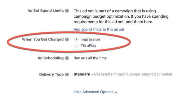 Poplatky za optimalizaci Facebook ThruPlay.