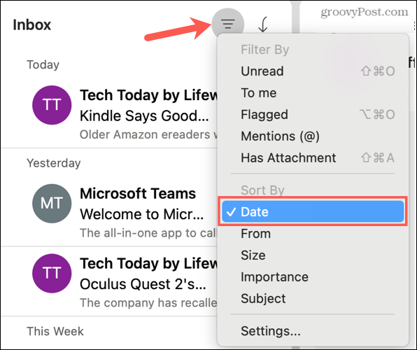 Seřadit podle data v Outlooku na Macu