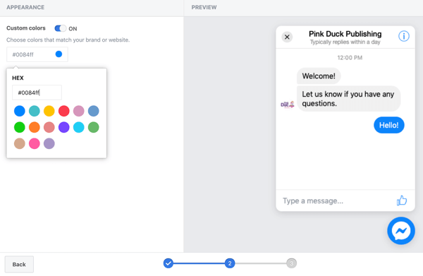 Použijte Správce značek Google s Facebookem, krok 11, možnosti k nastavení vlastních barev pro váš plugin pro chat na Facebooku