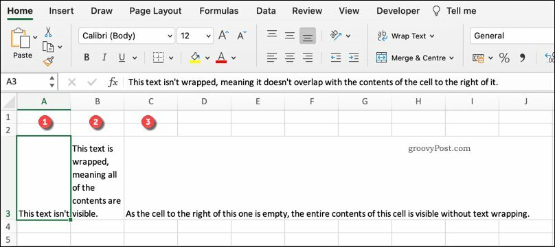 Příklad různých formátů zalamování textu v aplikaci Excel