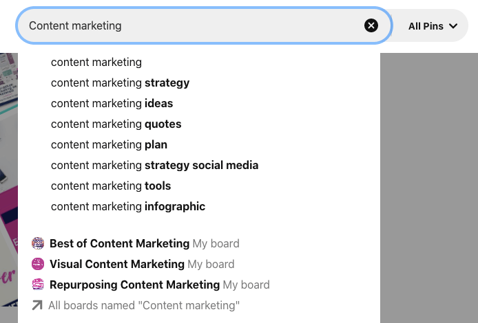 příklad hledání zájmů pro obsahový marketing s obsahovým marketingem ve spojení se strategií, nápady, citacemi, plánem, nástroji, infografikou atd. spolu s několika deskami, jejichž jména zahrnují obsahový marketing