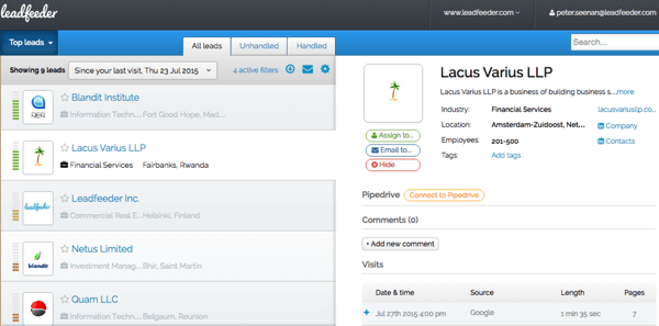 Leader používá vaše údaje Google Analytics k zobrazení podrobností o návštěvnících vašeho webu.