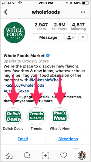 Instagram zdůrazňuje na profilu Whole Foods.