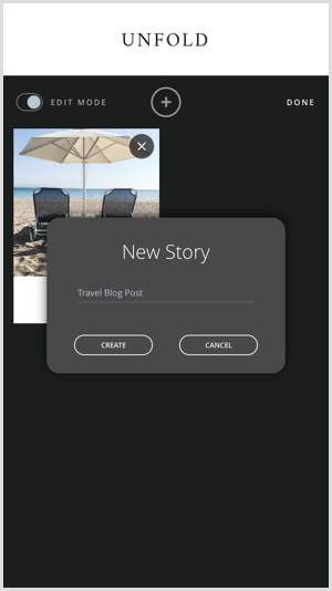 Klepnutím na ikonu + vytvoříte nový příběh pomocí funkce Rozbalit.