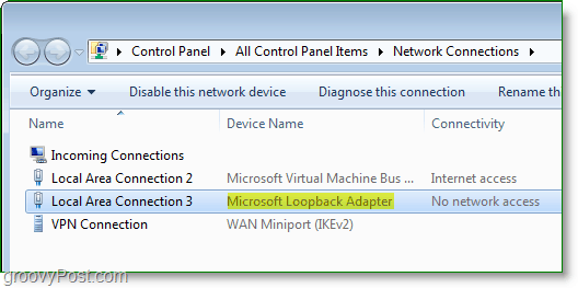 Windows 7 Networking Screenshot - adaptér Microsoft Loopback viditelný v okně síťových připojení