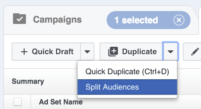 V Power Editoru na Facebooku klikněte na šipku napravo od Duplicate a vyberte Split Audiences.
