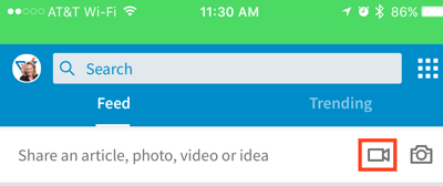 Kliknutím na ikonu videokamery vytvoříte aktualizaci videa LinkedIn.