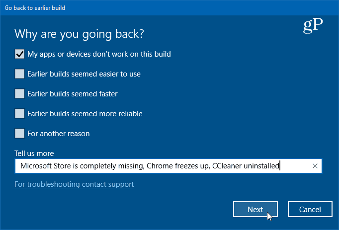 přejděte zpět na předchozí verzi systému Windows 10