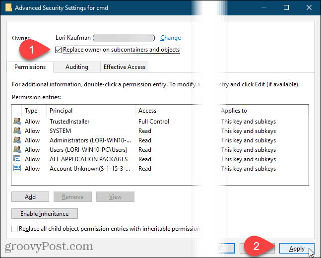 Klepněte na tlačítko Použít v dialogovém okně Upřesnit nastavení zabezpečení v registru systému Windows