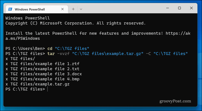 Extrahování souborů TGZ v systému Windows 11 pomocí aplikace terminálu