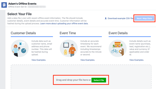 Možnost přetažení datového souboru do služby Facebook Ads Manager.