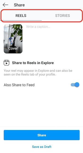 snímek obrazovky odesílání instagramu zobrazující kartu kotoučů, která umožňuje sdílení kotoučů v průzkumu a ve vašem zdroji