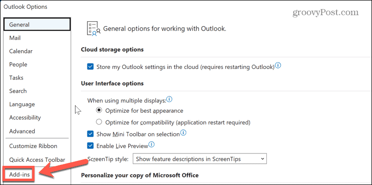 nabídka doplňků aplikace Outlook