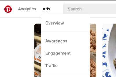 V navigačním panelu vlevo nahoře najdete sekci Reklamy na Pinterestu.