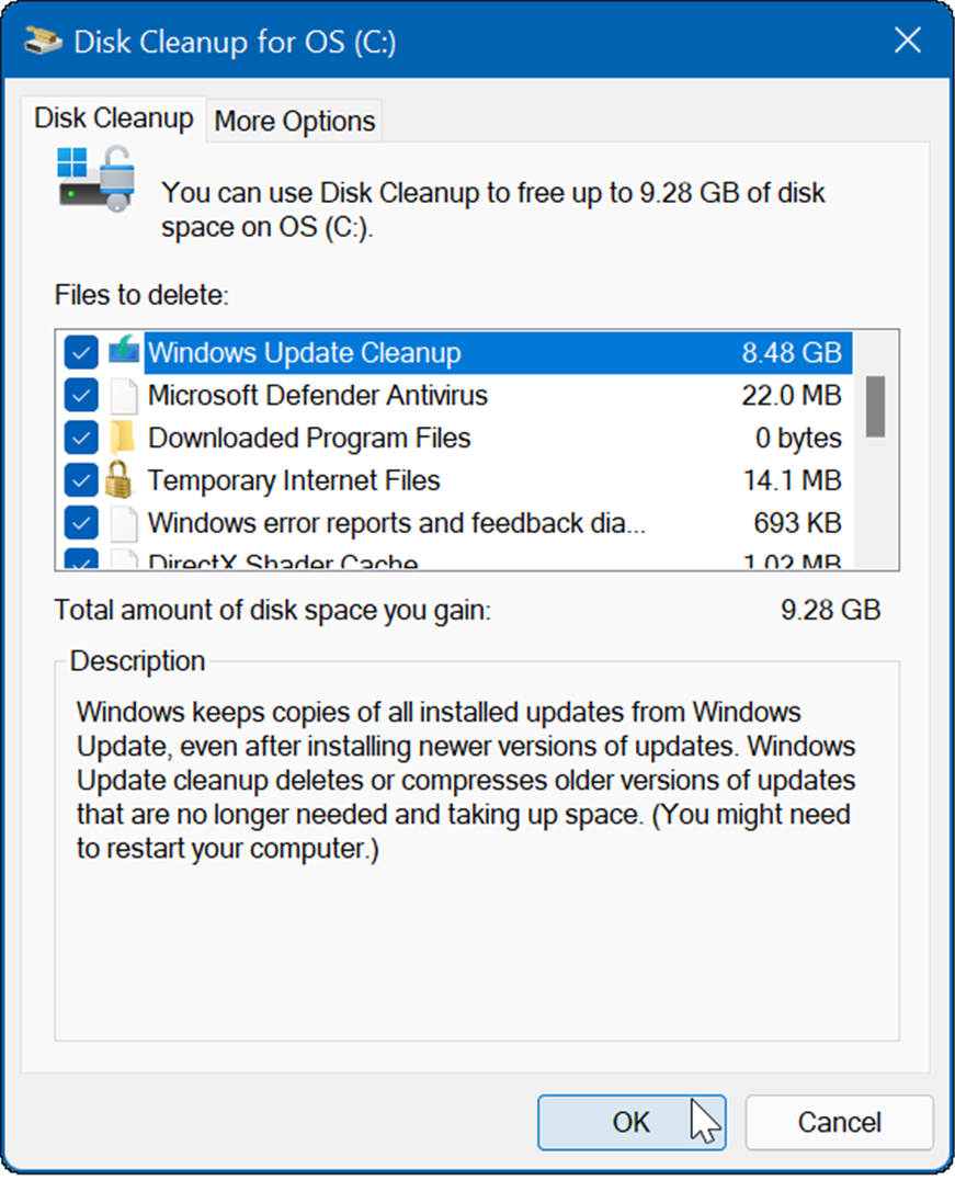 výsledkem bude několik dočasných souborů včetně Windows Update Cleanup