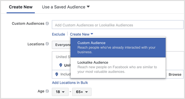 Správce reklam na Facebooku vytváří během instalace reklamy vlastní publikum