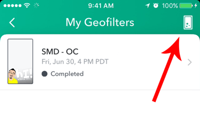 Pokud jste dříve vytvořili geofiltr Snapchat, klepněte na ikonu vytvoření v horní části obrazovky.