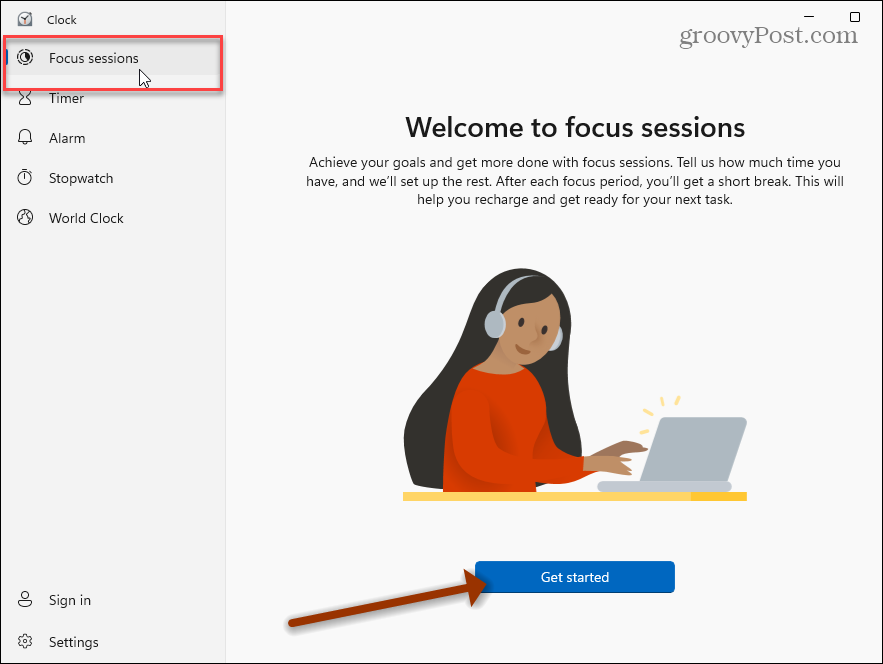 Hodinová aplikace Focus Sessions Windows 11