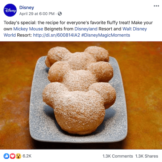 Disney příspěvek na Facebooku s odkazem na recept na beickety Mickey Mouse