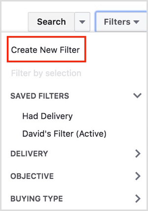 správce facebookových reklam vytvořit nový filtr