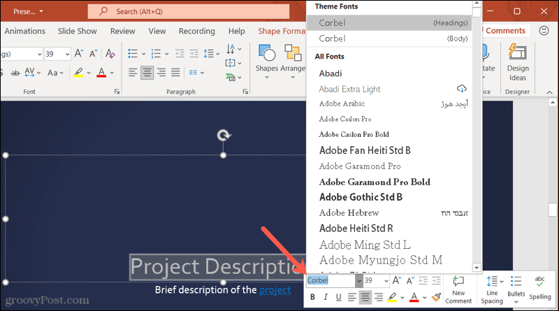 Písma na panelu nástrojů v PowerPointu ve Windows