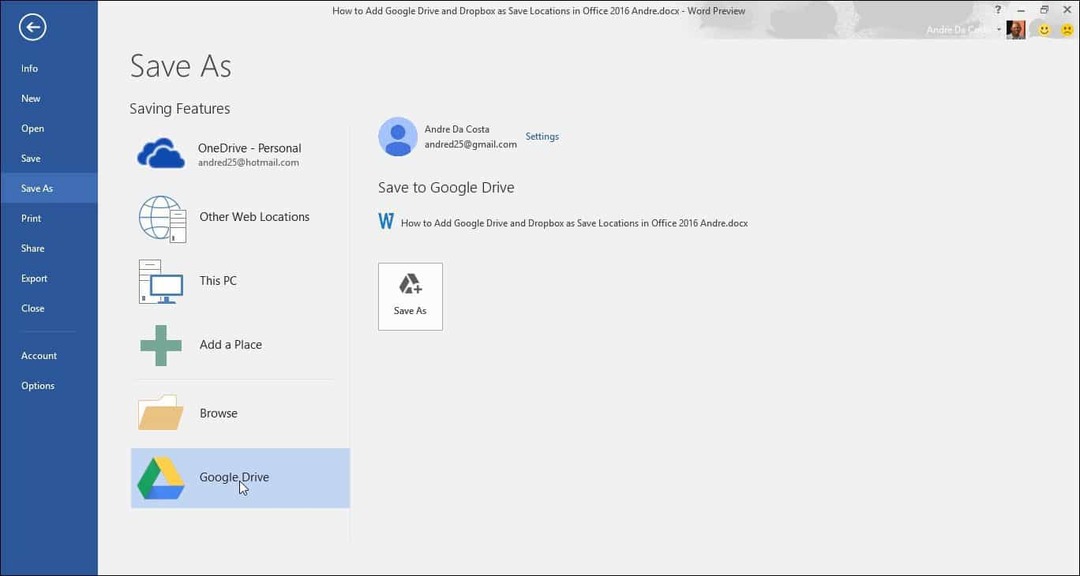 Přidejte Disk Google a Dropbox jako Uložení míst v Microsoft Office