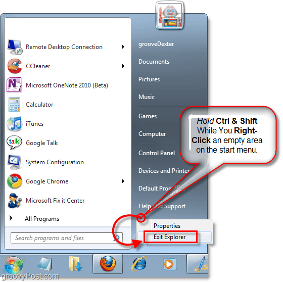 podržte klávesy a klepnutím pravým tlačítkem myši na nabídku Start ukončete Průzkumníka v systému Windows 7