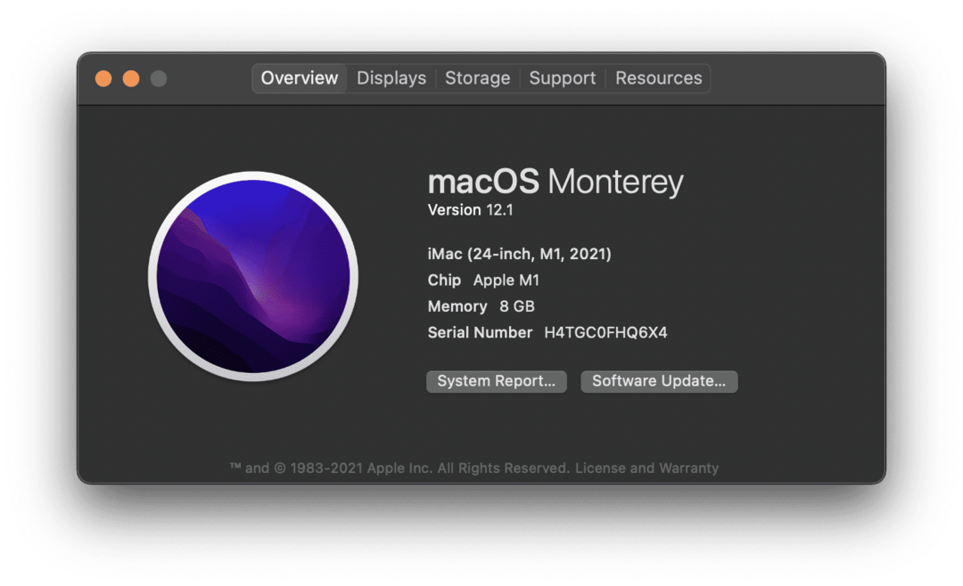 Stránka O tomto Macu na iMacu M1