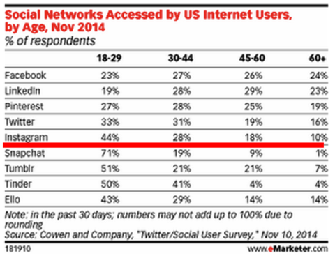 sociální síť přístupná uživatelům z USA podle věku emarketer 2014