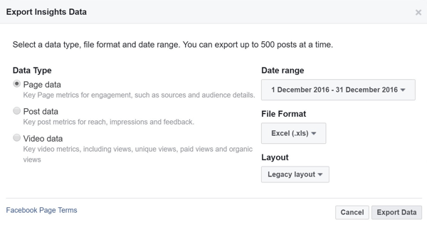 Vyberte datový typ, rozsah, formát souboru a rozvržení pro vaše údaje služby Facebook Insights.
