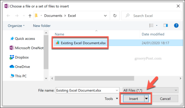Přidání souboru Excel jako přílohy souboru v aplikaci OneNote
