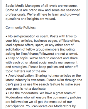 Zde je příklad pravidel skupiny na Facebooku.