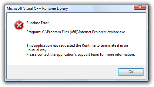Internet Explorer 8 (IE8) Microsoft Visual C ++ Runtime Library: Chyba za běhu!