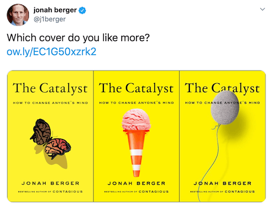 Tweet Jonah Berger s obrázky tří možných obalů knih
