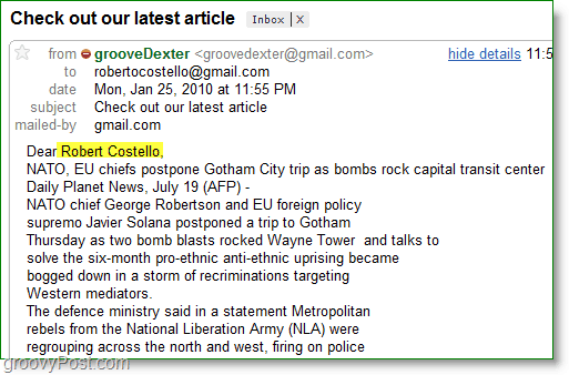 Snímek aplikace Outlook 2010 - příklad personalizovaného hromadného e-mailu
