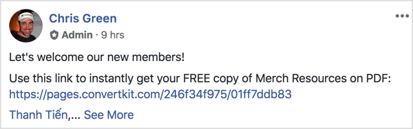 Tento příspěvek na Facebooku vítá nové členy a připomíná jim, aby si stáhli PDF zdarma.