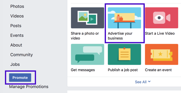 Propagaci místního podnikání na Facebooku můžete nastavit z levého postranního panelu nebo z možností zveřejnění stránky.