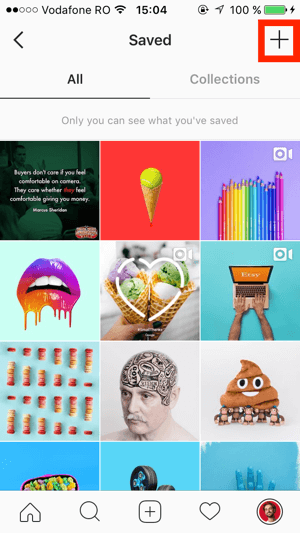 Klepněte na znaménko + v pravém horním rohu obrazovky Instagram Saved.