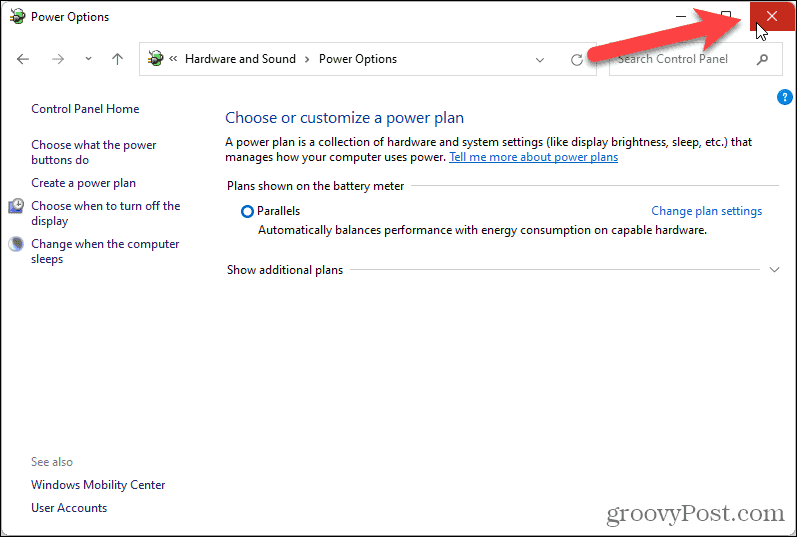 Zavřete obrazovku Možnosti napájení na ovládacím panelu v systému Windows 11