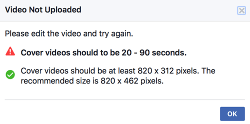Pokud vaše titulní video ještě nesplňuje technické standardy Facebooku, nebudete jej moci nahrát přímo jako titulní video své stránky.