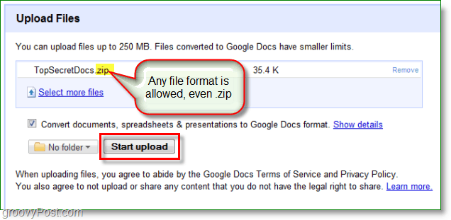 Snímek obrazovky Google Docs - nahrál zip