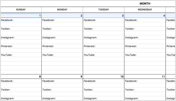 šablona kalendáře sociálních médií