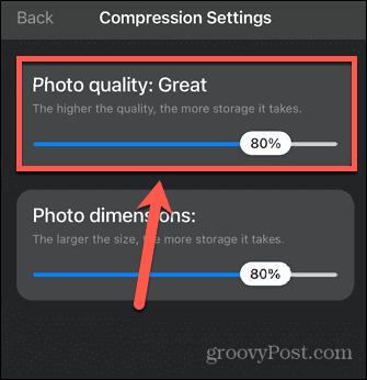 nastavení kvality aplikace pro kompresi fotografií